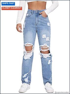 High Waisted Ripped Straight Leg Jeans with Cut Out Button Detail